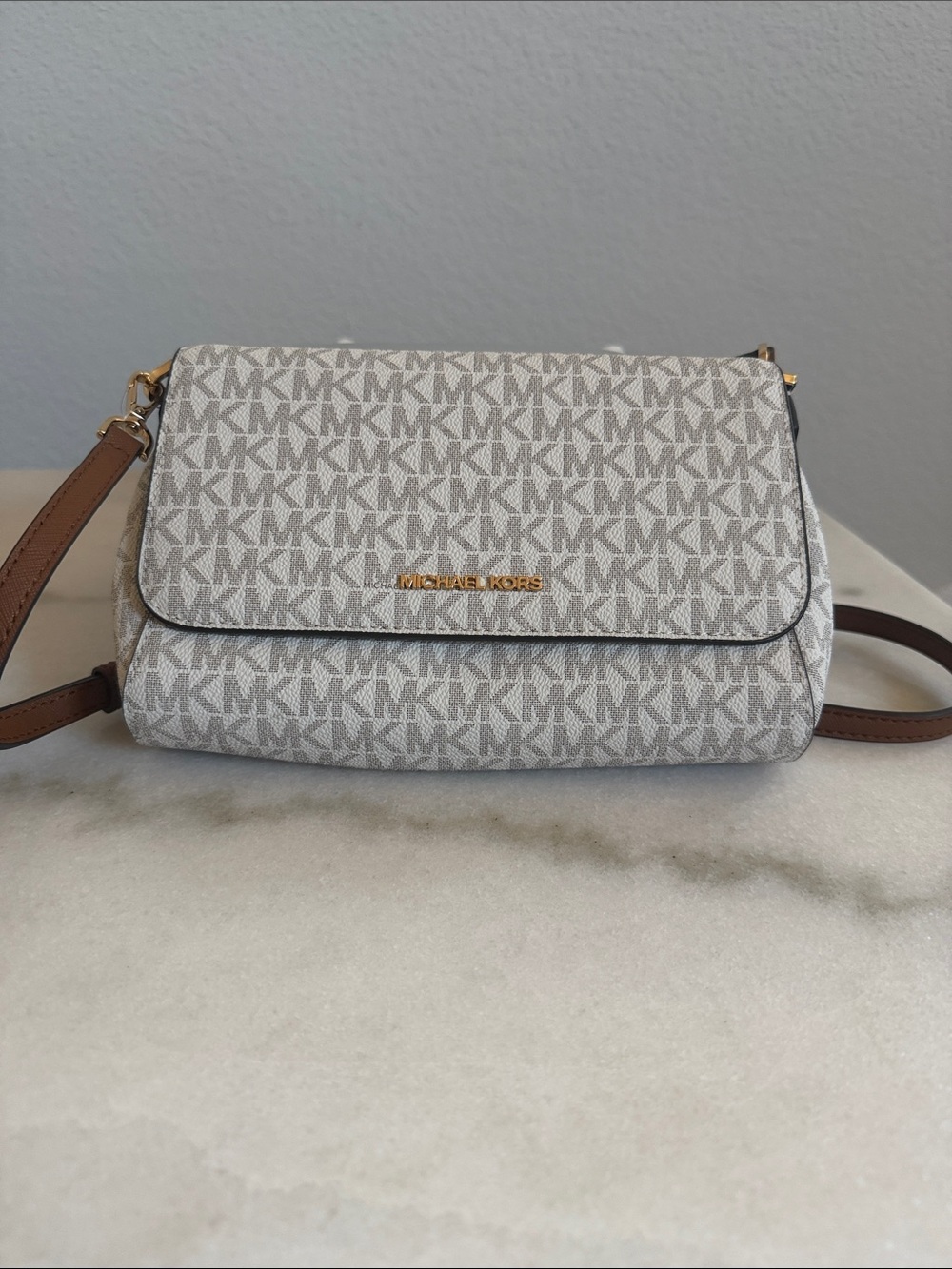 Michael Kors Cream and Brown MK Logo Crossbody Bag